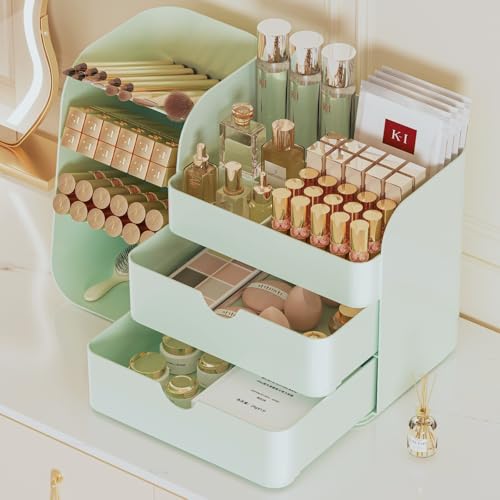 Makeup Organizer with Drawers, Large Capacity Countertop Organizer for Vanity, Bathroom and Bedroom Desk Cosmetics Organizer, Easy To Storage Skincare, Brushes, Eyeshadow, Lipstick (All Green) - color: All Green, size: Medium