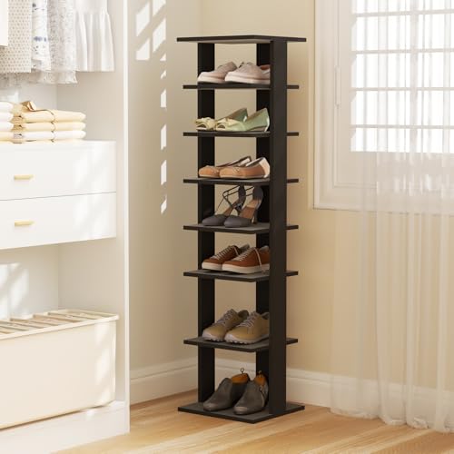 Tangkula 8-Tier Vertical Shoe Rack, Space-Saving Corner Shoe Organizer for 7 Pairs, Narrow Shoe Storage for Entryway, Front Door, or Closet - color: Black, size: 10" x 11" x 43.5"