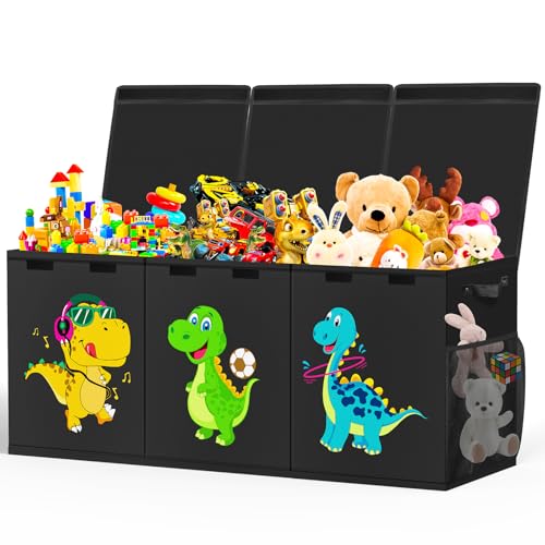 Beadsky Extra Large Toy Box, Collapsible Toddlers Toy Chest Kids Storage Organizer, Dinosaur Bin Boxes Storage Basket with Lids for Boys, Girls, Living Room, Nursery, Playroom, 40"x14"x16", Black - color: Black