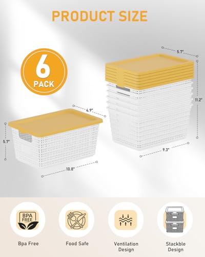 EOENVIVS Storage Bins Bakets with Lids 6 Pack, Stackable Organizer Bins for Small Spaces, Pantry, Closet & Bathroom, Secure Snap Lids, 11x7x5 Plastic Storage Containers for Shelf Organization, White - color: White+Yellow