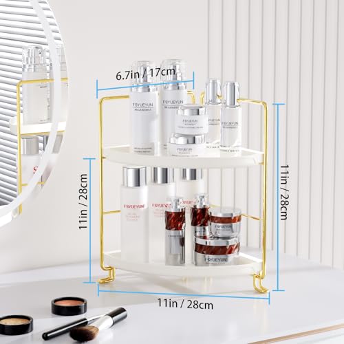 FSyueyun 2-Tier Corner Bathroom Counter Organizer, Tool-Less Installation Vanity Shelf Small Plastics Countertop Makeup Tray Skincare Perfume Organizers (Gold) - color: Gold
