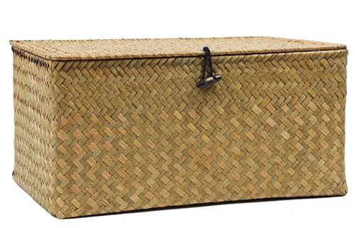 Wicker Basket with Lid, Natural Seagrass Storage Baskets for Organizing, Woven Basket for Storage, Decorative Boxes Bins with Lids Home Organizer Decor (Natural, 14.3" x 9.4" x 6.9") - size: 14.3" x 9.4" x 6.9"
