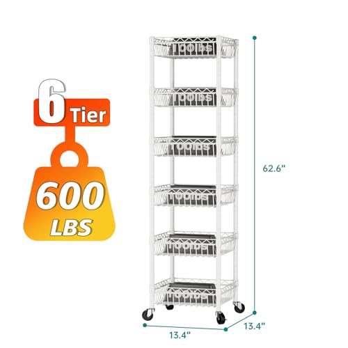 SINGAYE Shelf 6 Tier Wire Shelving Unit with Wheels Baskets Storage Rack Corner Shelves Adjustable Closet Bathroom Organizers Metal Pantry Kitchen Garage Laundry Room 13.5" D x 13.5" W x 63" H White - color: White, size: 6-Tier[13.5"Dx13.5"Wx63"H]