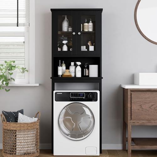 Shintenchi Over The Toilet Storage Cabinet, Bathroom Shelf Organizer with Anti-Tip Device Small Freestanding Space Saver with Adjustable Shelf and Glass Door, Black - color: Black, size: Glass Door