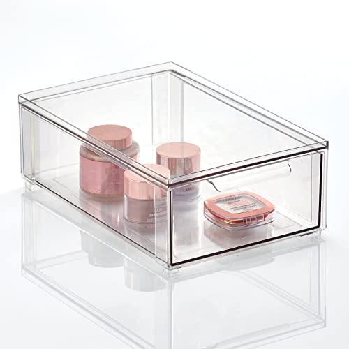 mDesign Plastic Stackable Bathroom Storage Organizer Bin Containers with Front Pull Drawer for Bathroom Countertop, Vanity, Closet Shelves - Holder for Beauty Accessories - Lumiere Collection - Clear - size: 8 x 12 x 4 (Pack of 1)
