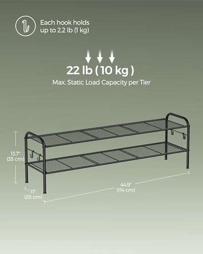 SONGMICS Shoe Rack, 2-Tier Shoe Organizer, Metal Shoe Shelf Storage with 4 Side Hooks, Holds 18 Pairs of Shoes, Height-Adjustable Shoe Rack for Entryway, Hallway, Closet, Ink Black ULMR121B01 - color: Ink Black, size: 2 Tiers (44.9"W)