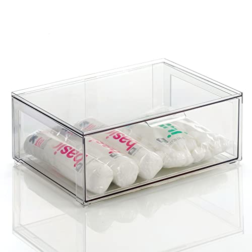 mDesign Plastic Stackable Bathroom Storage Organizer Bin Containers with Front Pull Drawer for Bathroom Countertop, Vanity, Closet Shelves - Holder for Beauty Accessories - Lumiere Collection - Clear - size: 16 x 12 x 6 (Pack of 1)