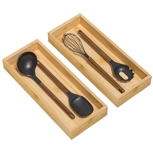 Lixple Bamboo Kitchen Drawer Organizer, Stackable Utensil Holder Silverware Organizer Cutlery Tray - 2PCS Organizer Bins for Makeup Jewelries Flatware in Bathroom, Office Desk, Cabinets, 15x6x2 inch - color: Yellow, size: 15 x 6 x 2 Inch