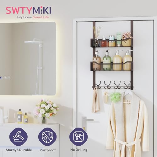 SWTYMIKI Over The Door Hooks Organizer - Multi-Functional Door Hanger with 16 Hooks & 2 Mesh Baskets, Long Coat Rack for Bathroom, Bedroom, Living Room, Home Storage Organizer, Bronze - color: Bronze