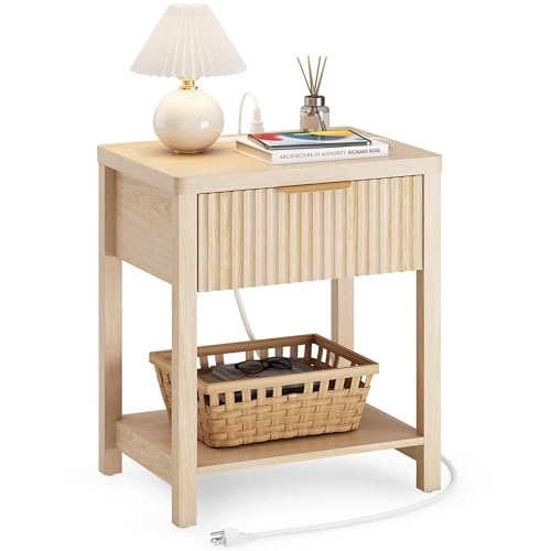 Lulive Fluted Night Stand with Drawers, Fluted Nightstand with Charging Station, Wood Modern Bedside End Table with Storage Drawer for Bedroom, Save Space (Set of 1, Natural Oak) - color: Natural Oak, size: 1 Drawer-Set of 1 Nightstand