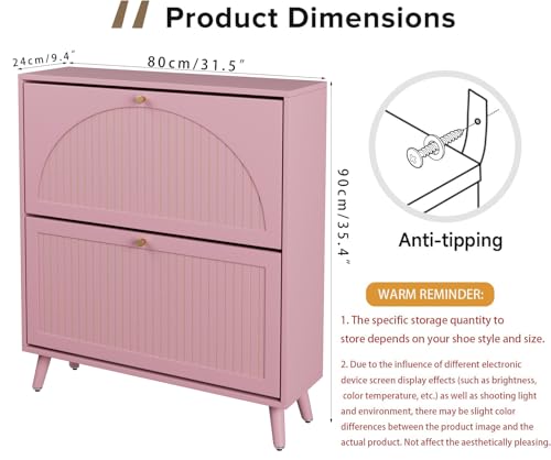 Fsbecl Shoe Storage Cabinet for Entryway with 2 Flip Drawers, Narrow Wood Shoe Cabinet with Fluted Panel, Freestanding Hidden Shoe Organizer for Foyer, Hallway (Pink - with Shelf) - color: Pink - With Shelf