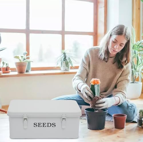 Seed Storage Organizer, 4 Compartment Seed Storage Box with Safety Lock, Metal Seed Box Seed Packet Container with 1 Pen, 12 Slots, 20 Plant Labels & 30 Seed Envelopes, White Gardening Gift - color: White Box with Slots