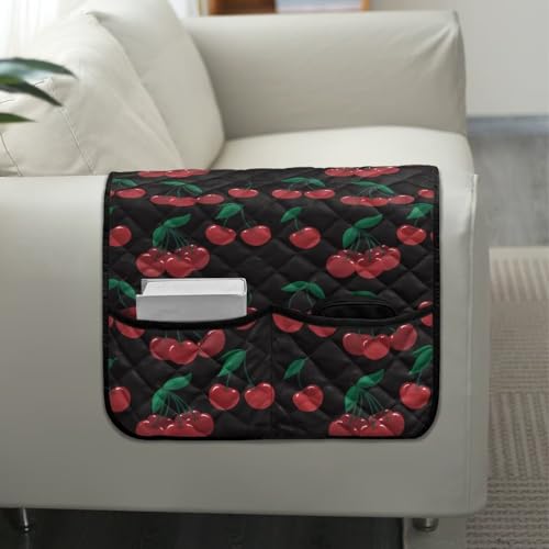 Red Cherry Print Couch Arm Covers with 2 Organizer Pockets Soft Couch Protector Anti-Slip Slipcovers for Pet Armchair, Loveseat, Recliner - color: Red Cherry