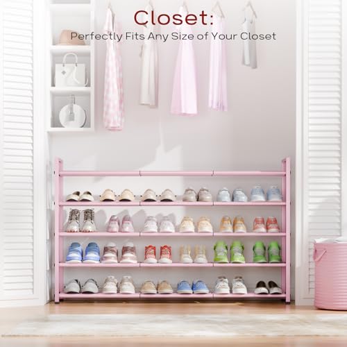 Bumusty 5-Tier Long Expandable Shoe Rack for Closet, 18"-44" Adjustable Shoe Rack for Entryway, 25-30 Pairs Large Shoe Organizer Shelf Storage, Sturdy Metal, Pink - color: Pink, size: 5-Tier