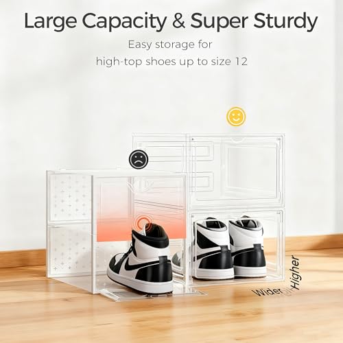 Pinkpum Upgraded Hard Shoe Storage Box 12 Pack X-Large Fit Size 12, Thicken & Sturdy Clear Plastic Stackable Shoe Organizer Box Closet, Sneaker Storage Display Case Holder Bins with Magnetic Door - color: Clear, size: 12 pcs