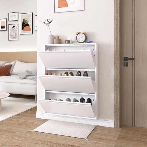 LUCYPAL Shoe Cabinet Storage for Entryway,Slim Wall Mounted Shoe Cabinet with 3 Flip Drawers Narrow Shoe Organizer for Entryway, Hallway, Living Room,White - color: White, size: 3 Flip Drawers