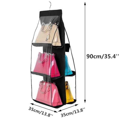 HAN SHENG 6 Pockets Clear Handbag & Purse Organizer Hanging Bag Storage - Space Saving Hanging Shelf for Closet, Wardrobe, Over Door (1 Pack, Black) - color: Black, size: 6 Pockets-1pc