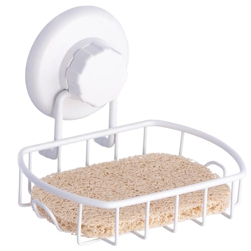 HASKO Suction Cup Soap Dish for Shower Wall, Rustproof Stainless Steel, Shower Soap Holder with Hooks for Bathroom, Includes Optional No Drill Adhesive Mount and Soap Saver, White - color: White