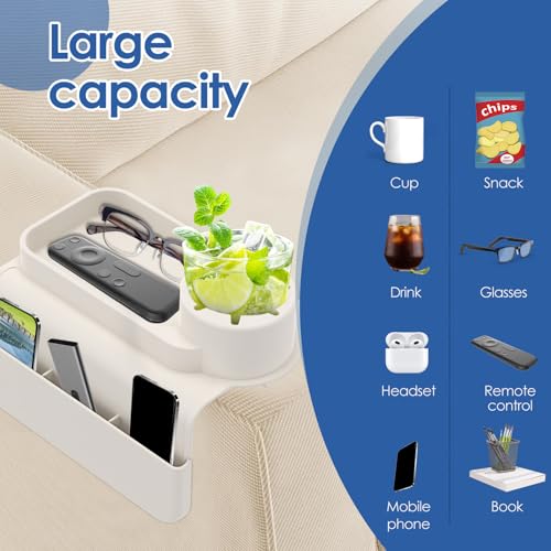 Silicone Sofa Armrest Tray with Dual Side Pockets, Anti-Slip Couch Cup Holder, Silicone Armchair Cup Holder for Drinks, Phone & Snacks, Arm Organizer for Living Room, Recliner, Car (White) - color: White