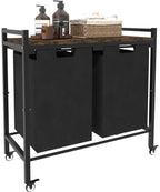 12 x 2 Gal Large Laundry Hamper with Wheels, 2 Pull-Out & Removable Sorter Bags, Freestanding Clothes Basket Organizer for Clothing or Toys in Bathroom and Living Room, Rustic Brown and Black - size: 2 Section with wheels