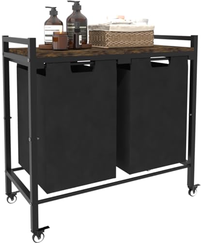 12 x 2 Gal Large Laundry Hamper with Wheels, 2 Pull-Out & Removable Sorter Bags, Freestanding Clothes Basket Organizer for Clothing or Toys in Bathroom and Living Room, Rustic Brown and Black - size: 2 Section with wheels