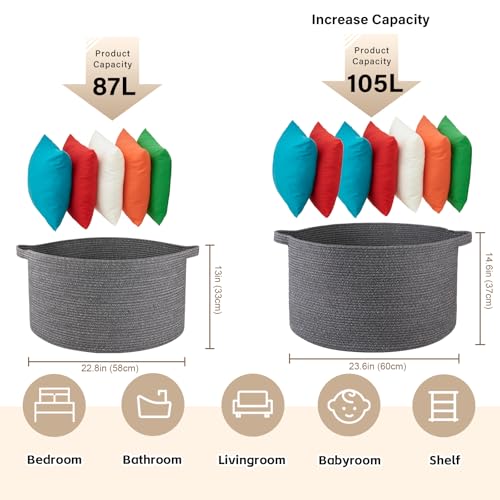 OIASKET Large Woven Baskets for Storage, 23.6" x 23.6" x 14.6" Blanket Storage Living Room, Baby Toy Basket for Clothes, Pillows, Towels, Shoe Basket for Entryway (Dark Grey) - color: Dark Grey, size: 105L