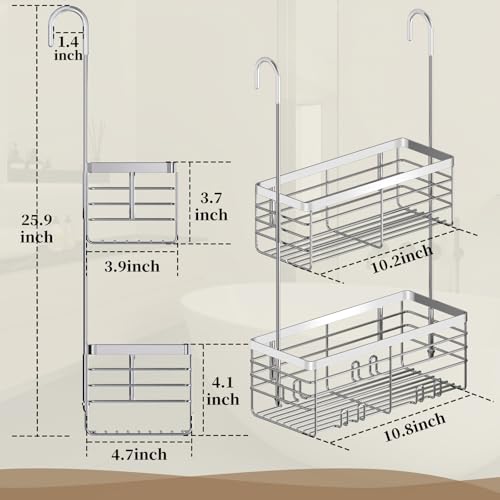 DELLAN Hanging Shower Organizer, 2-Tier Shower Rack with Hooks Over the Door, Bathroom Shower Caddy and Basket - color: Silver, size: 2-Tier 11"D x 4.7"W x 4.1"H