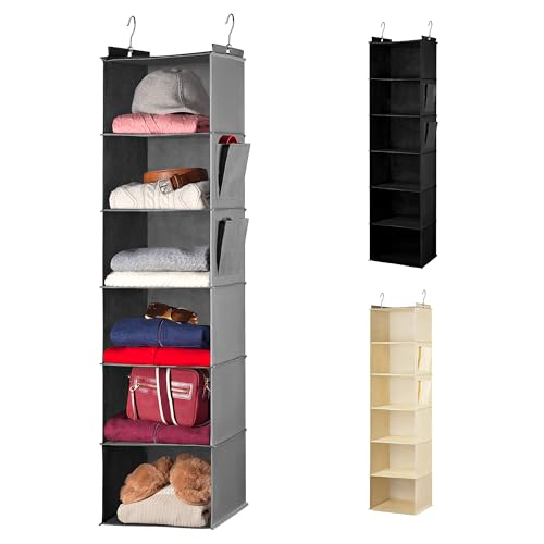 Handy Laundry Hanging Closet Organizer - 6 Shelf Storage for Clothes, Sweaters, Shoes & Accessories - Space-Saving Wardrobe Shelves with Hooks for Dorm, RV & Small Closet Organization (Grey) - color: Gray