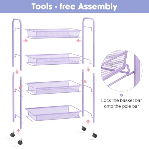 TOOLF 4-Tier Rolling Cart, Metal Utility Cart with 3 Hooks, Easy Assemble Mobile Storage Trolley On Wheels, Metal Shelving Units Kitchen Bathroom Laundry Room - color: Purple, size: 4-Tier