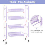 TOOLF 4-Tier Rolling Cart, Metal Utility Cart with 3 Hooks, Easy Assemble Mobile Storage Trolley On Wheels, Metal Shelving Units Kitchen Bathroom Laundry Room - color: Purple, size: 4-Tier