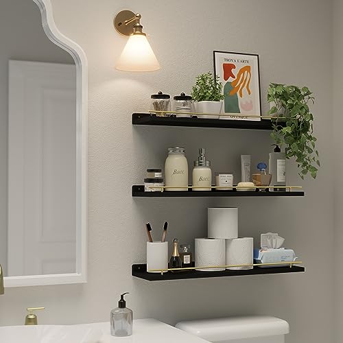 WOPITUES Floating Shelves 24 inch with Gold Metal Guardrail, Shelves for Wall Decor Set of 3, Wall Shelves for Bedroom, Bathroom, Kitchen, Living Room, Plants, Picture Frames, Art- Black and Gold - color: Black and Gold, size: 23.6 inch