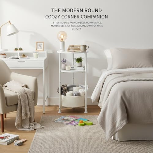 Small Round Side Table with Storage Basket, 3-Tier Narrow End Table Nightstand for Living Room Bedroom, 11.8" Diameter Modern Bedside Table for Small Spaces, Wood Grain & Metal Frame (White) - color: White