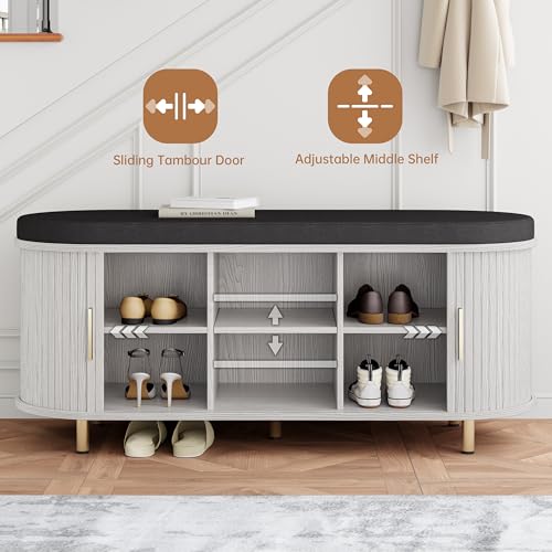 DHH 2-Tier Storage Bench,Wide Shoe Bench with Thickened Padded Seat Cushion, Mid Century Modern Fluted Sliding Door and Adjustable Shelf, for Entryway, Living Room, Bedroom (Grayish White, 43.3“) - color: Grayish White, size: 43.3 inch