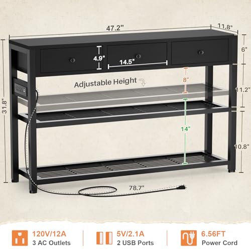 Ecopriso 47'' Entryway Table with Outlets and USB Ports, Console Table with 3 Drawers, Sofa Table Narrow Long with Storage Shelves for Living Room, Couch, Hallway, Foyer, Kitchen Counter, Black - color: Black, size: 47-In