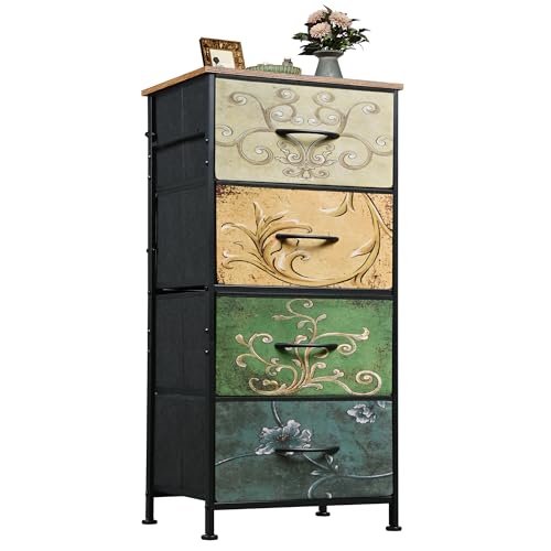 WLIVE Dresser with 4 Drawers, Storage Tower, Organizer Unit, Fabric Dresser for Bedroom, Hallway, Entryway, Closets, Vintage Furniture with Sturdy Steel Frame, Wood Top, Pull Handle, Floral Painted - color: Floral Painted