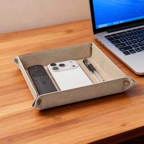 Valet Tray Desktop Storage Organizer – Premium PU Leather Catchall Bedside Vanity Tray Nightstand Caddy Holder for Remote Controller, Keys, Phone, Wallet, Coin, Jewelry,Apricot - color: Apricot