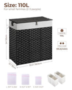 Greenstell Laundry Hamper with lid, No Install Needed, 110L Wicker Laundry Baskets Foldable 2 Removable Liner Bags, 2 Section Clothes Hamper Handwoven Rattan Laundry Basket with Handle, Black - color: Black, size: 110L (22.2x13.3x24.0 Inches)