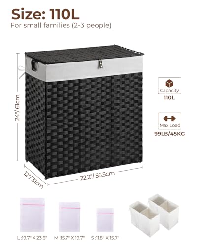 Greenstell Laundry Hamper with lid, No Install Needed, 110L Wicker Laundry Baskets Foldable 2 Removable Liner Bags, 2 Section Clothes Hamper Handwoven Rattan Laundry Basket with Handle, Black - color: Black, size: 110L (22.2x13.3x24.0 Inches)