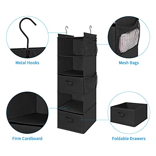MAX Houser 5 Tier Shelf Hanging Closet Organizer, Cloth Hanging Shelf with 2 Sturdy Hooks for Storage, Foldable (Black-D2) - color: Black-d2
