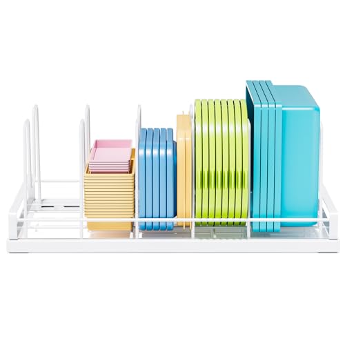 Food Container Lid Organizer, Adjustable 6 Dividers Full-Metal Pot and Pan Organizer Rack for Kitchen Cabinets, Drawers, Cupboards, Pantry Shelves Storage, White - color: White,14",6 Dividers