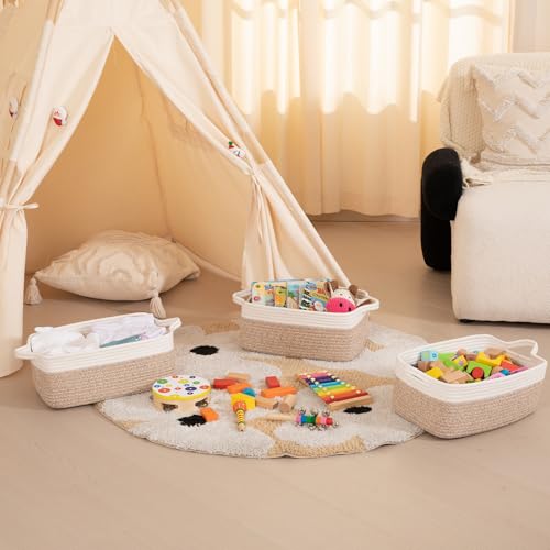 OIAHOMY 3 Pack Storage Baskets for Organizing, Woven Cotton Rope Basket for Shelves, Closet Organizer Bins with Handles, Rectangle Toy Organization, 13.78''×9.84''×5.5'', Brown & White - color: Brown variegated, size: 13.8''×9.8''×5.5''