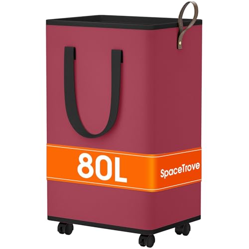 SpaceTrove Laundry Basket with Wheels, Collapsible Laundry Baskets, Laundry Hamper with Handles Detachable Wheels, Rolling Laundry Basket, Dirty Clothes Hamper for Bathroom, Dorm, Bedroom, Red, 80L - color: Red, size: 80L