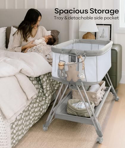 Fodoss Bedside Bassinet for Baby with Wheels, All Mesh Bedside Crib with Storage Basket, Hight Adjustable and Easy Assembly - color: Light Grey Tweed