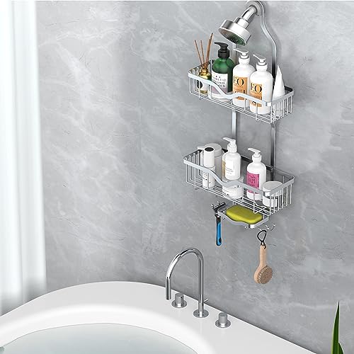 Kadolina Shower Caddy Hanging, Bathroom Shower Rack, Bathroom Organizer with Soap Dish, Over The Showerhead Caddy with Hooks for Razor/Sponge, Bright Silver (Assembly Required) - color: Bright Silver