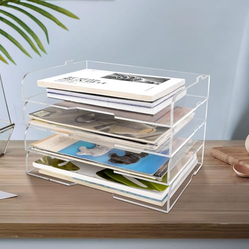 4 Pack- Stackable Paper Letter Tray,Clear Acrylic Magazine Holder and File Organizer - Sleek Desk Organizer for Home Office, Bookshelf, or Workspace - Space-Saving Transparent Document Holder - style: Stackable-4 Pack