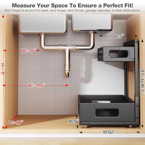 2 Pack 17IN-Depth Under Sink Organizer,Pull Out Cabinet Organizer With Smooth Cylindrical Rail,Metal Slide Out Drawer for Kitchen Bathroom Laundry,8-Level Tool Free Height Adjustable-Black - color: Black, size: 2 Pack-17"Dx9.5"-16.7"H