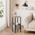 Vagusicc Round Side Table End Table with Storage Basket, Small Side Table Round Nightstand for Small Spaces, Tall Oval End Table with Steel Frame, Coffee Bedside Table for Living Room Bedroom, Greige - color: Greige