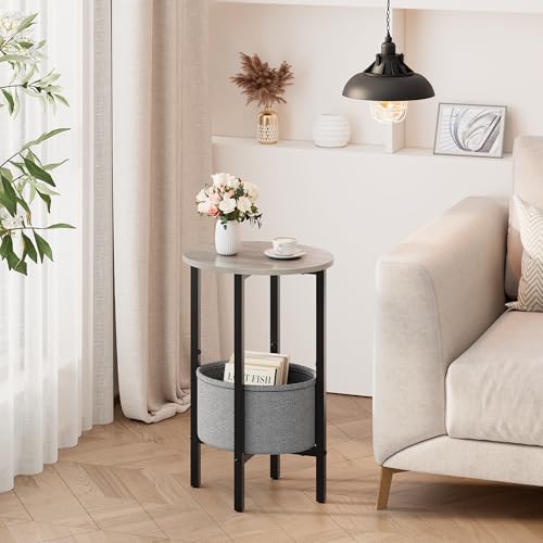 Vagusicc Round Side Table End Table with Storage Basket, Small Side Table Round Nightstand for Small Spaces, Tall Oval End Table with Steel Frame, Coffee Bedside Table for Living Room Bedroom, Greige - color: Greige