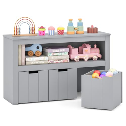 GLACER Toy Storage Organizer, Wooden Montessori Shelf with 3 Movable Drawers, Hidden Wheels, Toy Box for Boys and Girls, Kids Storage Organizer for Playroom, Nursery, Kindergarten, Living Room (Gray) - color: Gray