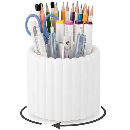 Anyoifax 360° Rotating Pen Holder 7 Slots Desk Organizer Removable Pencil Cup Plastic Art Supplies and Accessories Desktop Storage Box Caddy for Office, School, Home (White) - style: Stripe White
